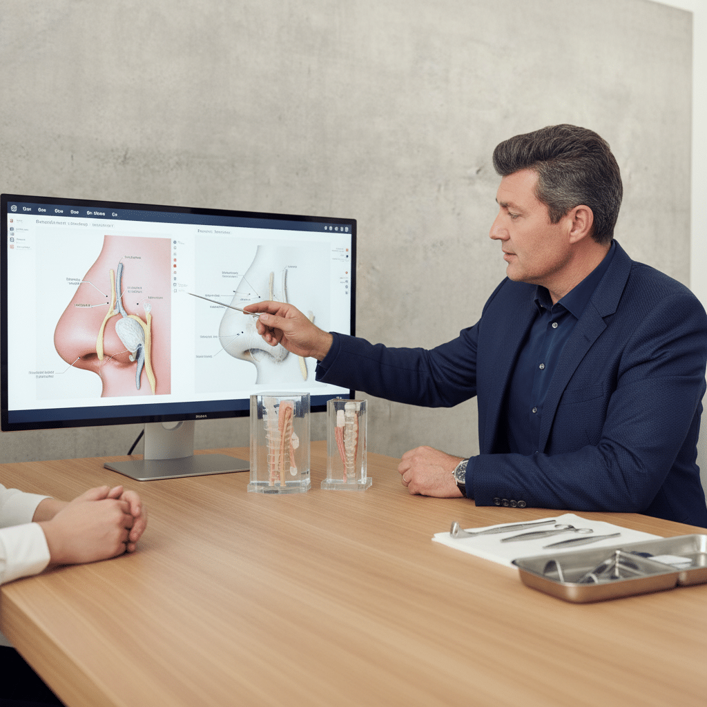 Beratung zur Nasenkorrektur in M&uuml;nchen mit anatomischen Nasengrafiken am Bildschirm