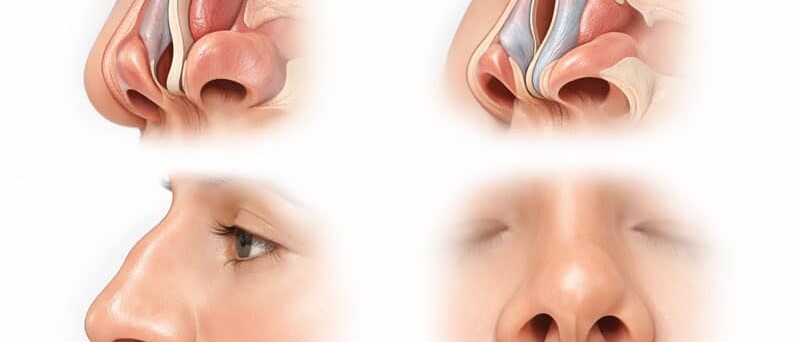 Anatomische Darstellung der häufigsten Gründe für eine Nasenkorrektur wie Atemprobleme, Schiefstand und Nasenhöcker – funktionell-ästhetische Nasenchirurgie in München