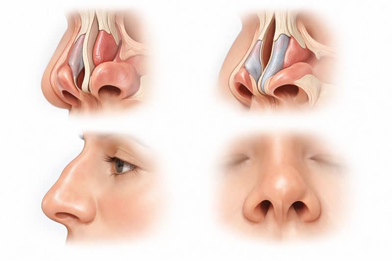 Anatomische Darstellung der häufigsten Gründe für eine Nasenkorrektur wie Atemprobleme, Schiefstand und Nasenhöcker – funktionell-ästhetische Nasenchirurgie in München